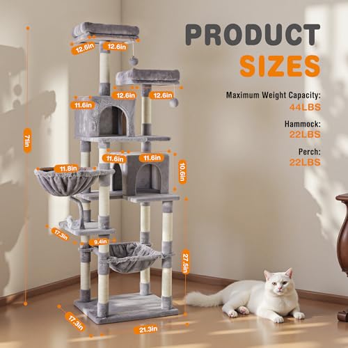 71 Inch Large Cat Tree Tower with Sisal Scratching Post (Light Grey / 71 Inches)