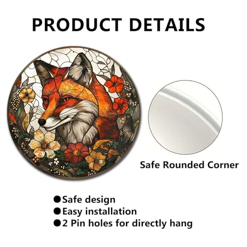 Metal Sign Tin Sign Circular Stained Glass Fox Boho Bedroom Decorations for Home Decor 8×8 Inches (8×8 Inches / Fox-1)