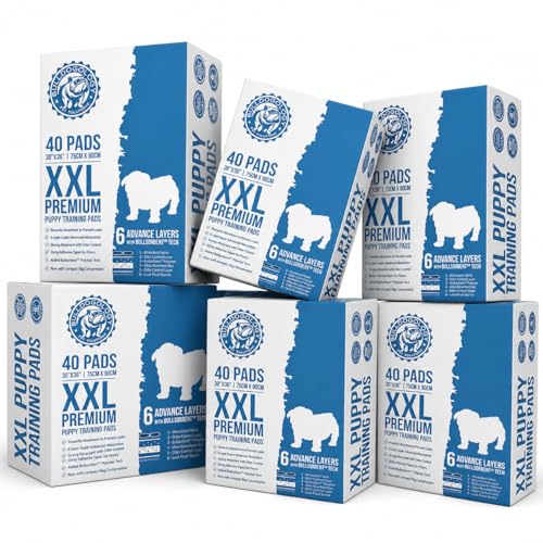 Bulldogology Premium XXL Puppy Pee Pads with Adhesive Sticky Tape Extra Large Dog Training Wee Pads 6 Layer Absorbent Bullsorbent Technology White 240 Count 30 x 36 (240-Count (30x36))
