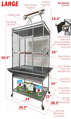 Large Sturdy Wrought Iron Bird Parrot Rolling Metal Cage (24.0"L x 22.0"W x 66.5"H / Black Vein)