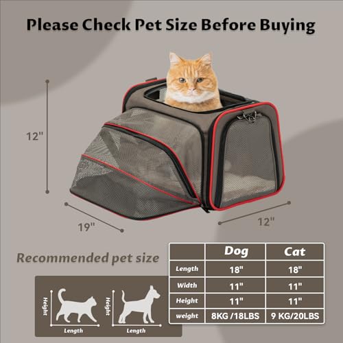 Expandable Cat Carrier Dog Carriers (19.0"L x 12.0"W x 12.0"H / Gray brown)