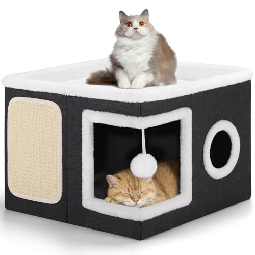 Cat House Bed for Indoor Cats with Fluffy Ball and Scratch Pad Black (Black / Large)