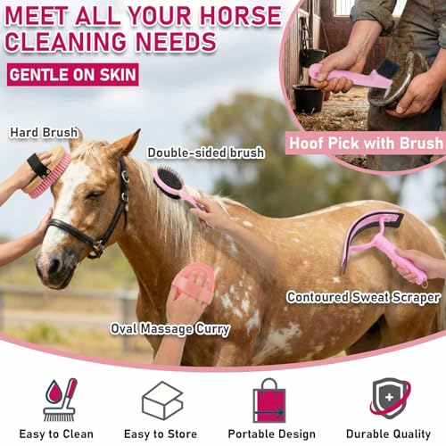9 Pcs Horse Grooming Kit Tack Room Supplies (Classic / Pink)