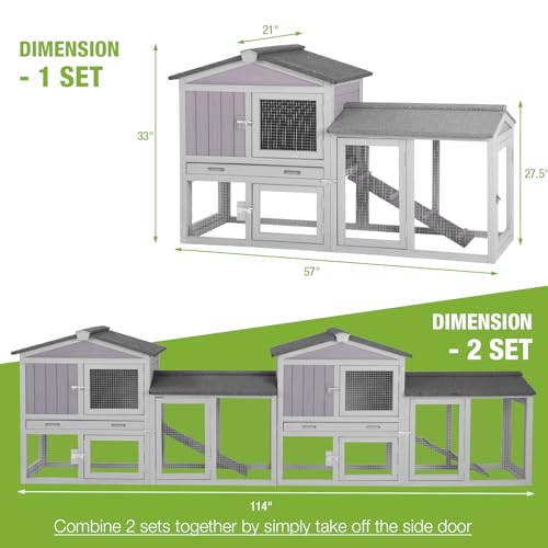 Chicken Coop Hen House with Run Outdoor Rabbit Cage Indoor Bunny Hutch with Waterproof Roof Poultry Cage (Gray / 57.02"L x 21.3"W x 33.4"H)