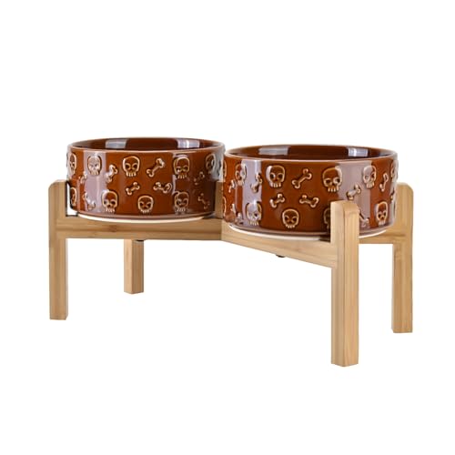 Elevated Dog Bowls Ceramic (7.3 in - 5.3 cups / Bronze - Skull)