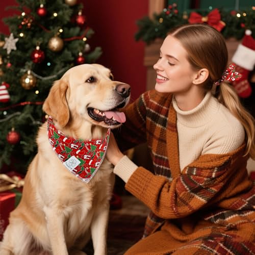 Christmas Dog Bandanas & Matching Scrunchie Set Green Red Dog Scarf Bibs Pet Bandana with Bow Tie for Medium Large Dogs Owner Mom Winter (red green xmas / Large)