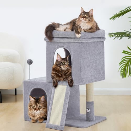 32inch Tall Cat Tree with 2 cat condo for Adult Cats Cozy Cat Tower with Scratching Post and Scrather Board for Cats of Different Ages.（Light Grey） (31.5'')