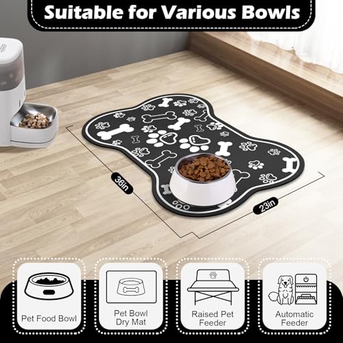 Dog Cat Food Mat (36"L x 23"W / Bone Shaped Black)