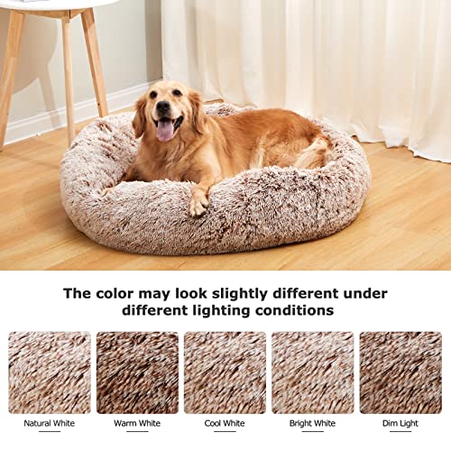 Calming Fluffy Donut Dog Bed for Large Dogs (36.0"L x 36.0"W x 8.0"Th / Brown)