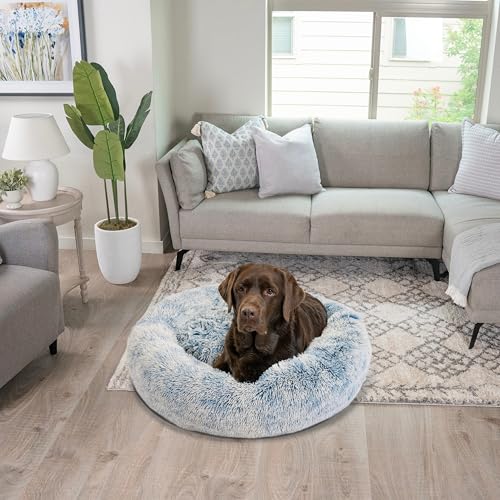 The Original Calming Donut Dog Bed for Large Dogs up to 100 lbs (Denim Shag / Large)