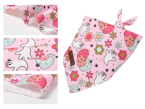 Halloween Dog Bandana Washable Cotton Handkerchief Scarf Triangle Flower Ghost Pink Bandanas for Small Medium Dogs Girl (Flower Ghost / Small (Pack of 1))