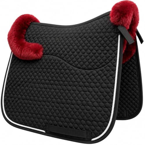 Dressage Saddle Pad English Sheepskin Trim for Horses Black Red (Black/Red)