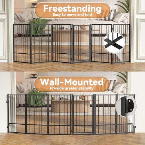 Full Metal Freestanding Dog Gate with Door (【6 Panels】120"W*32H" / Black)