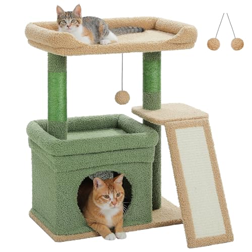 Small Cat Tree Tower for Indoor Cats with Large Perch (Green / L Plus(19.3"L x 12.2"W))