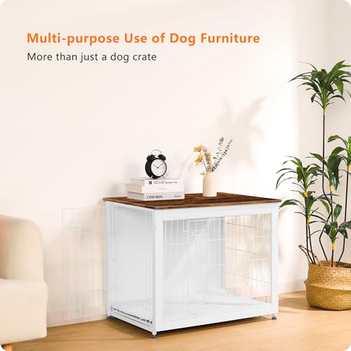 32.5" Dog Crate Furniture with Cushion (White+Rustic Brown / 32.5"L x 21.9"W x 25.6"H)