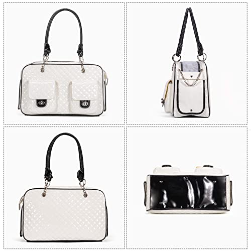 Pet Carrier Fashion Dog Carrier Purse Leather Tote Handbag Bag for Small Puppies Dogs Cat Small Animals Soft TSA Airline (White)