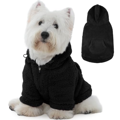 Fuzzy Dog Sweater with Adjustable Hood & Harness Hole (Small / Black)
