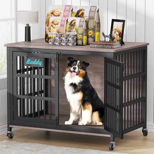 42"/41"/33" XL Dog Crate Furniture with Casters, Heavy Duty Dog Kennel Indoor for Large and Medium Dogs, Double-Doors Sturdy Dog Cage for Anxiety Dog, Decorate House as TV Stand, Bedside Table (42.1"L x 29.3"W x 31.2"H / Grey)