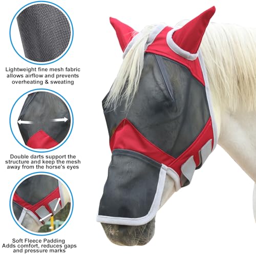 Horse Fly Mask with Ears & Long Nose (Red / Full)