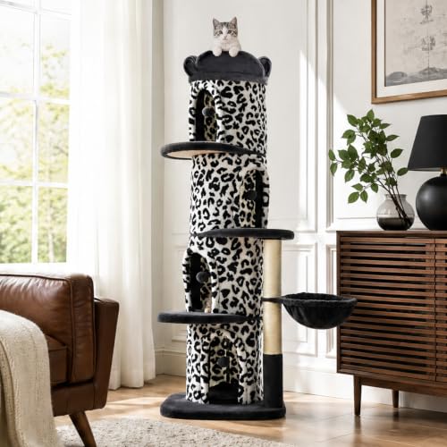 68.5" White Leopard Print Cat Tree Tower with 4 Condos (White Leopard Print / 69" Forest Cat Tree)