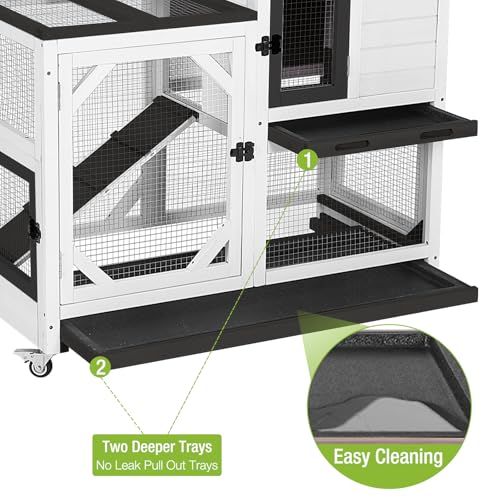 Rabbit Hutch Indoor Outdoor 2 Story Bunny House on Wheels Wood Rabbit Cage with 2 Pull Out Trays Guinea Pig Cage