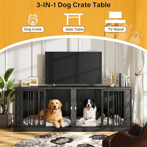 86.6" Wooden Double Dog Crate Furniture for 2 Large Dogs (Dark Black / 86.6"L x 23.6"W x 31.5"H)