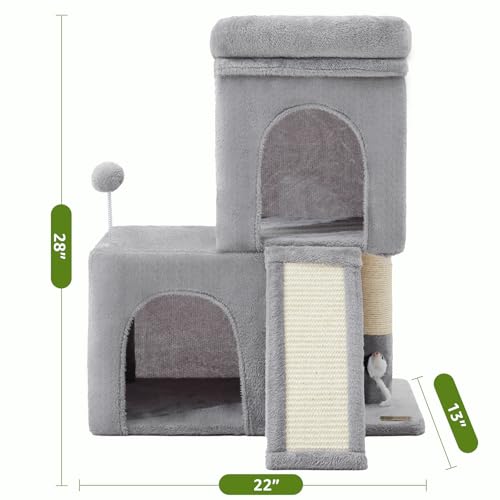 24inch Tall Cat Tree with 2 Cat Condo and Mouse Toy Cozy Small Cat Tower with Scratching Post and Board for Kitties and Small Cats.（Light Grey） (22*13*28)