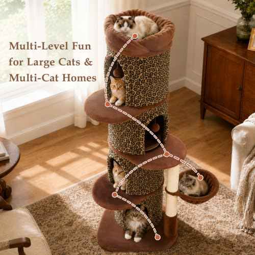 68.5" Leopard Print Cat Tree Tower with 4 Condos & Hanging Hammock (Classic Leopard Print / 69" Forest Cat Tree)