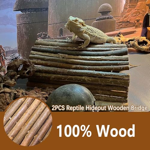 2PCS Reptile Hideout Wooden Bridge 7.5"x13.4" Lizard Hide Caves Bearded Dragon Habitat Accessories for Gecko Snake Frog Chameleon Iguana Tortoise