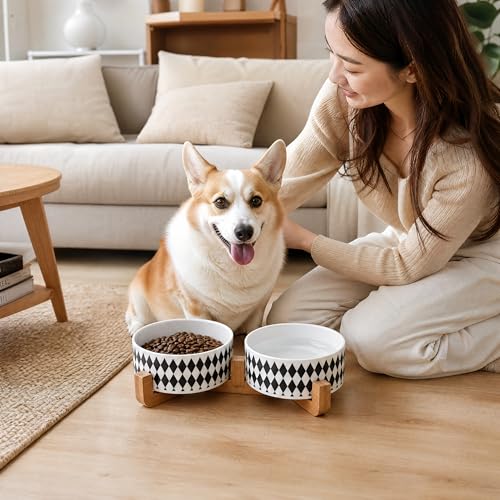 Ceramic Dog Cat Bowl Set with Stand (Black Rhombus / 400ML*2)