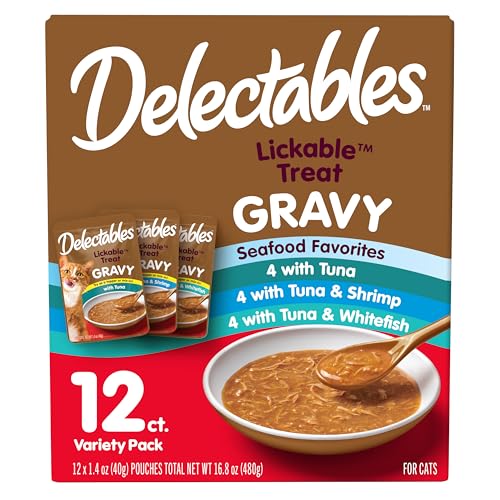 Lickable Treat Gravy Seafood Variety Wet Cat Treat & Food Topper (1.4 Ounce (Pack of 12))