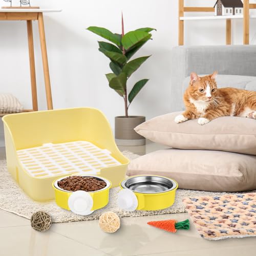 15 Pcs Rabbit Starter Kit Small Rabbit Litter Box Girls Gift Animal Grooming Kit Bunny Toys Bowl Blankets with Cleaning Set for Guinea Pig Accessories (Blue)