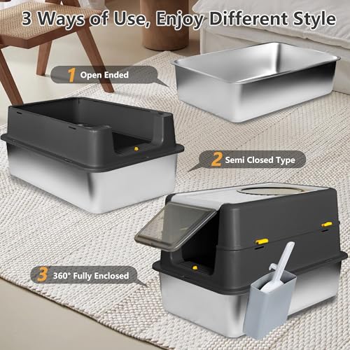 Stainless Steel Litter Box with Lid (Black / X-Large)