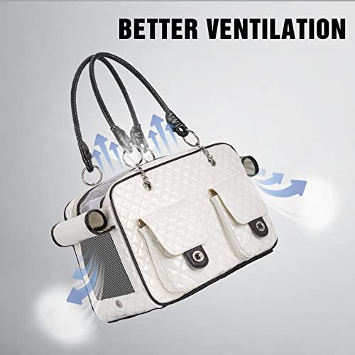 Pet Carrier Fashion Dog Carrier Purse Leather Tote Handbag Bag for Small Puppies Dogs Cat Small Animals Soft TSA Airline (White)
