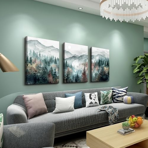 Farmhouse Wall Art For Living Room Canvas Wall Decor For Bedroom Wall Pictures for Office Fog Forest Mountain Landscape Watercolour Paintings Artwork Home Decorations Ready To Hang 3 Piece (20x28inches*3pcs / Foggy Forest Trees Landscape Pictures)