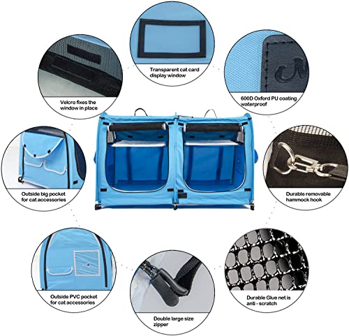 Mispace Portable 2 Pet Carriers for Cats Collapsible Cat Condo for Car Travel Pet Kennel Show Cages with Portable Carry Bag Hammocks Mats and Litter Box (Blue)