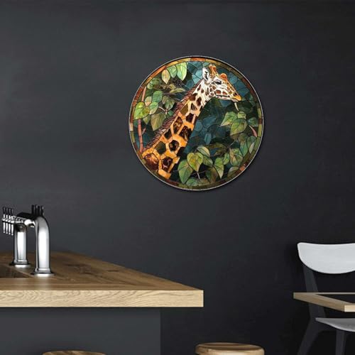 Metal Sign Tin Sign Circular Stained Glass Giraffe Funny Sign for Patio 12×12 Inches (12×12 Inches / Giraffe-2)