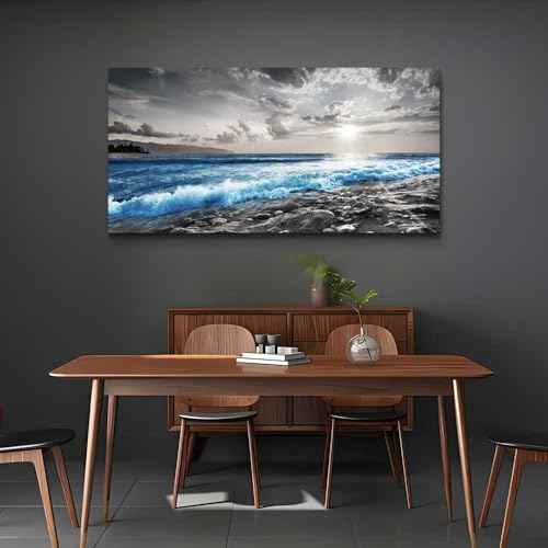 Large Wall Decor For Living Room Canvas Wall Art For Office Bedroom Decorations Blue Ocean Wave Wall Painting Black and White Beach Pictures Artwork Modern Mural Home Decor (60"L x 30"W / Blue Sea Wave Pictures)