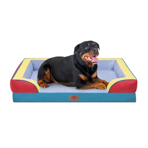 Orthopedic Dog Bed for Extra Large Dogs with Bolster (45.0"L x 35.0"W x 8.5"Th / Funfetti Fiesta)