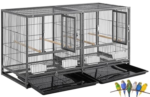 Single Stackable Sturdy Wrought Iron Center Divided Breeder Breeding Bird Flight Double Home Cage Side Nest Box Doors for Aviaries Canaries Cockatiels Finches Budgies Small Parrots (Black Vein)