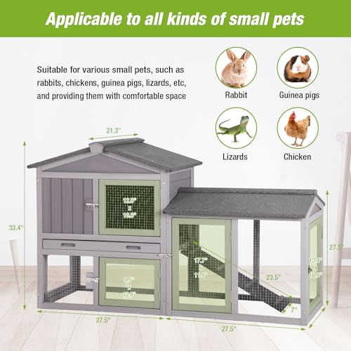 Rabbit Hutch Outdoor No Leak Plastic Tray Bunny Cage Indoor with Large Run Space Extensible Chicken Coop (Grey)