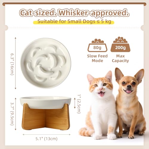 Elevated Ceramic Slow Feeder Cat Bowl (White Elevated (Bamboo) / 3.7"H Elevated (Bamboo))