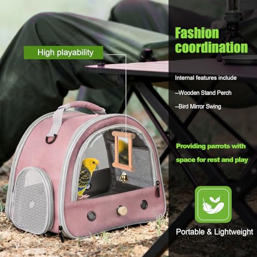 Portable Parrot Travel Cage Carrier with Small Swing Toy&Cage Colorful Toys Set Small Bird Parakeet Bag with Standing Perch Bird Carry Transport Bag (Pink / Carrier/mirror)