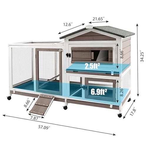 57" L Large Rabbit Hutch with Run (57.1"L x 21.7"W x 34.3"H)