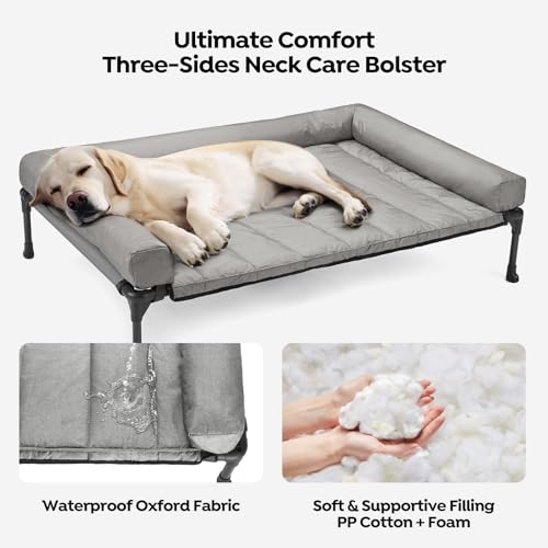 Outdoor Elevated Dog Bed with Waterproof Bolster Cushion (Light Grey / 32.0"L x 25.0"W x 7.0"Th)