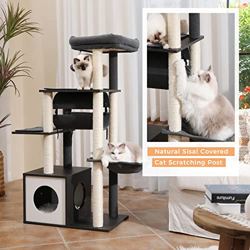 51.4in 6 Level Cat Tree for Indoor Cats with Swing Tunnel (Grey / L(25.6"L x 15.7"W x 51.4"H))