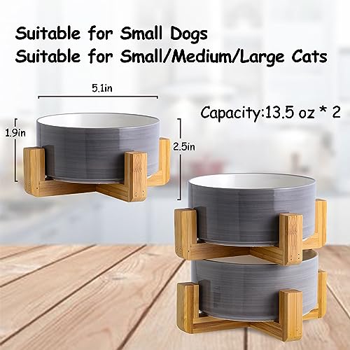 Ceramic Cat Dog Bowl Set with Stand (Grey White / Puppy/Small Size Dogs & Cat Bowls 400ML*2)