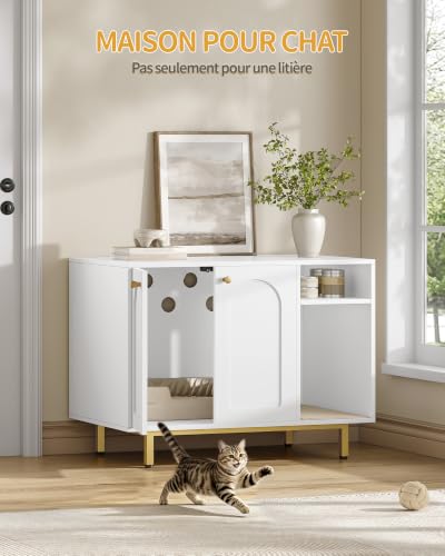 Cat Litter Box Enclosure (White and Gold / 31.4"L x 19.6"W x 24"H)