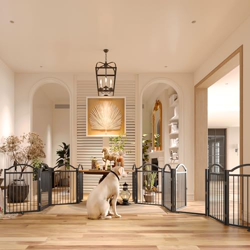 Metal No Assembly Freestanding Dog Gate with Door Walk Through (Black C / 6 panels 144"W*32"H HYG)
