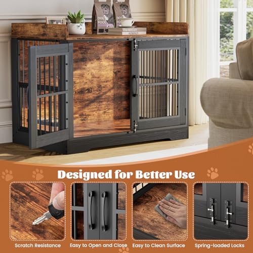 46" Dog Crate Furniture with Rotating Tray for Large Dogs Up to 55 lbs (Black / America Large)